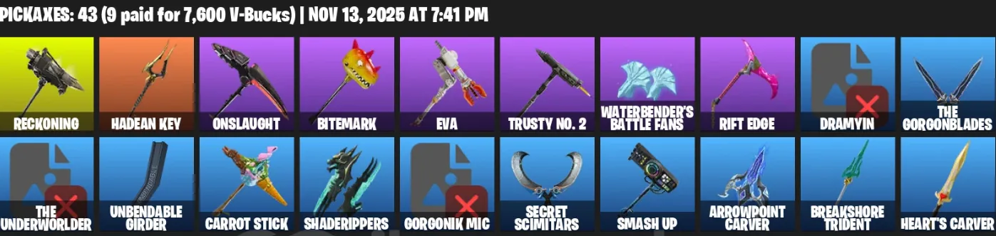 F1321 42 Skins - The Reaper, Omega, Elite Agent, Dark Voyager, Roque Agent, Zeus, Carbide - 43 Pickaxes (G)